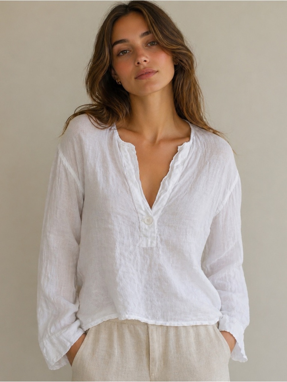 Zara white v-neck linen top Small boho Beachy natural classic